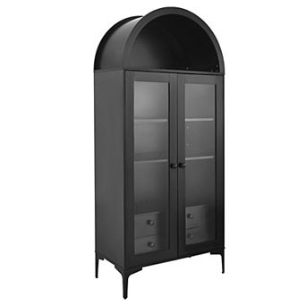 4 tier Glass Display Cabinet with Adjustable Shelves and Tempered Glass Doors - Black