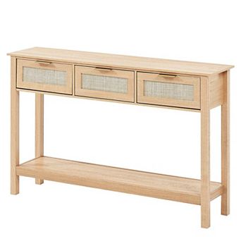 Rattan Accent Console Table with Three Drawers for Living Room or Entryway