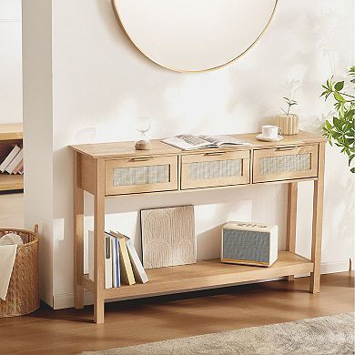 Rattan Accent Console Table with Three Drawers for Living Room or Entryway