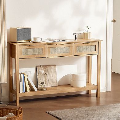 Rattan Accent Console Table with Three Drawers for Living Room or Entryway