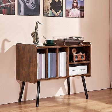 Media Organizer Stand with Turntable Top and Vinyl Compartments