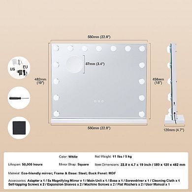 LED Makeup Mirror with 3-Color Lighting, 5X Magnifier, USB Outlet, Wall or Table Mount - White