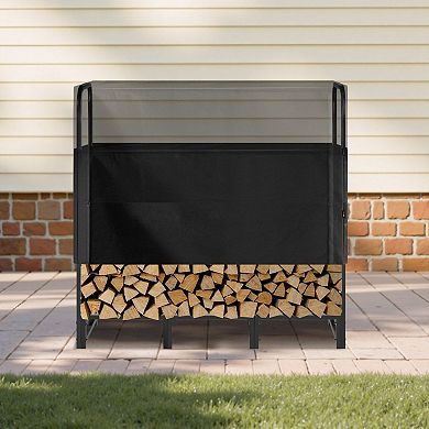 Backyard Firewood Rack with Zippered Cover, Elevated Log Holder for Patio Use - Black