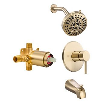 4 pc Bathroom Faucet Set with Tub Spout, Shower Head, and Temperature Control - Golden