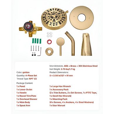 4-Piece Bathroom Faucet Set with Tub Spout, Shower Head, and Temperature Control - Golden