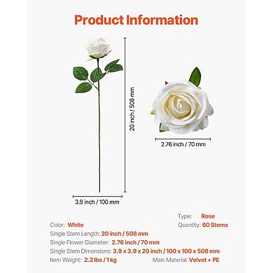 60-Piece White Rose Stems Artificial Flowers with Flexible Wire for DIY Bouquets and Centerpieces