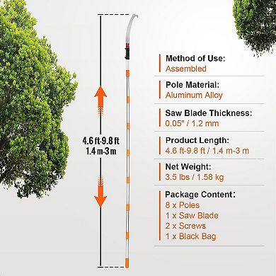 Manual Pole Saw for High and Low Branch Trimming, Yard and Garden Tool - Silver