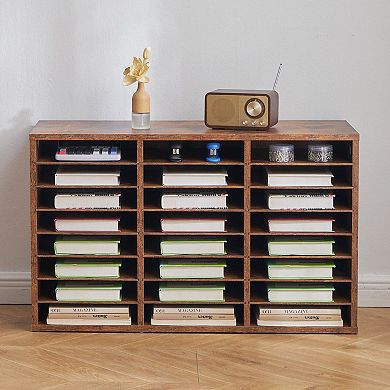 24-Slot Wood Desktop Paper Organizer for Office or Classroom Dark Brown