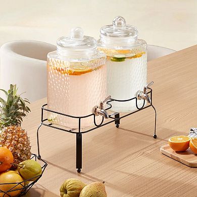 Dual Glass Beverage Dispenser Set with Stainless Steel Spigots and Lids