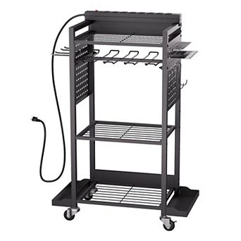 Compact Rolling Utility Cart with Shelves and Built-In Charging Station Black