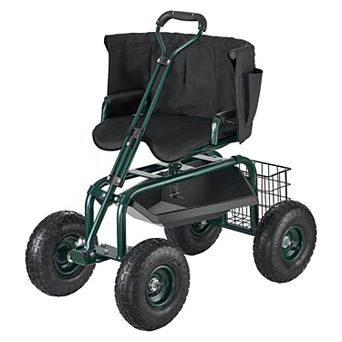 Garden Work Seat with Pull Handle, Inflatable Tires, and Storage Basket