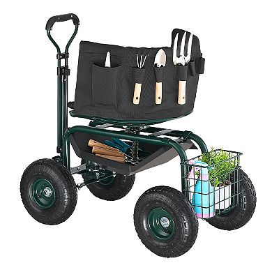 Garden Work Seat with Pull Handle, Inflatable Tires, and Storage Basket