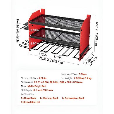 3-Tier Wall Mounted Tool Rack with Drill Slots and Adjustable Shelf
