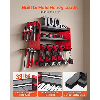 3-Tier Wall Mounted Tool Rack with Drill Slots and Adjustable Shelf