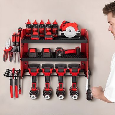 3-Tier Wall Mounted Tool Rack with Drill Slots and Adjustable Shelf