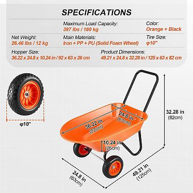 Two-Wheel Garden Dump Cart with 5 cu ft Tray and Solid Foam Wheels