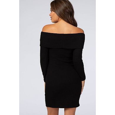 Maternity Soft Ribbed Folded Neck Off Shoulder Dress