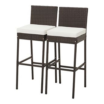 2 pc Patio Cushioned Wicker Barstools with Cozy Footrest-Set of 2