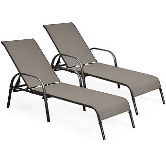 2 pc Outdoor Patio Lounge Chair Chaise Fabric with Adjustable Reclining Armrest