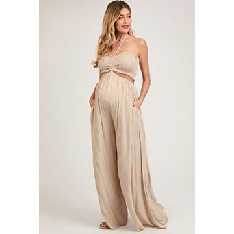 Maternity Smocked Drawstring Halter Side Cutout Jumpsuit