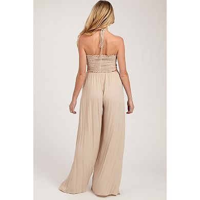 Maternity Smocked Drawstring Halter Side Cutout Jumpsuit