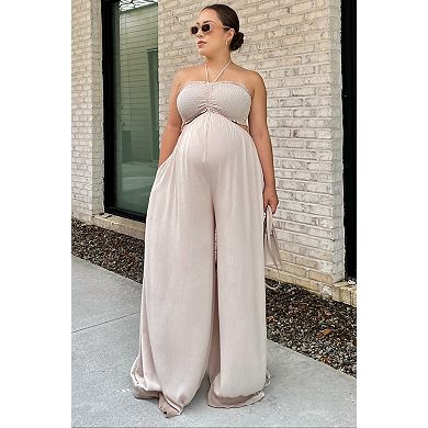 Maternity Smocked Drawstring Halter Side Cutout Jumpsuit