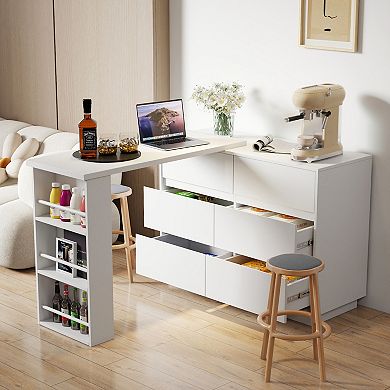GOODSILO L-Shaped Corner Desk and Vanity Combo with Extendable Tabletop and Six Storage Drawers