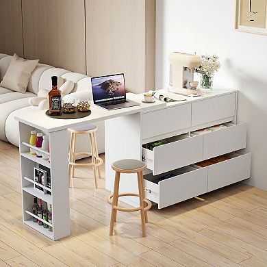 GOODSILO L-Shaped Corner Desk and Vanity Combo with Extendable Tabletop and Six Storage Drawers