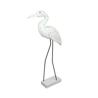 Hand Carved Wood and Metal White Egret Bird Statue 21 in High Coastal Decor