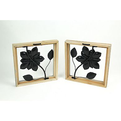 2 Piece Sculpted Metal Flowers Wall Hanging Set With Wooden Frames