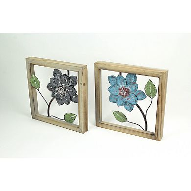 2 Piece Sculpted Metal Flowers Wall Hanging Set With Wooden Frames