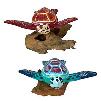 Handcrafted Sea Turtle Sculptures Set of 2, Coastal Wood Art, Ocean Home Decor