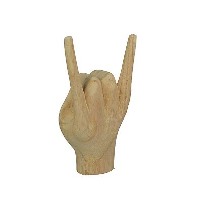 Carved Wooden Rock On Devil Horns Hand Gesture Statue Natural Finish Home Decor