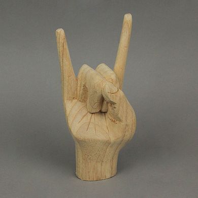Carved Wooden Rock On Devil Horns Hand Gesture Statue Natural Finish Home Decor