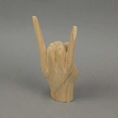 Carved Wooden Rock On Devil Horns Hand Gesture Statue Natural Finish Home Decor