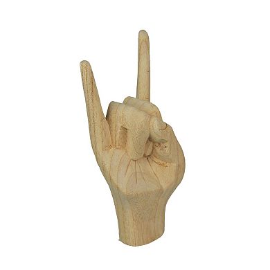 Carved Wooden Rock On Devil Horns Hand Gesture Statue Natural Finish Home Decor