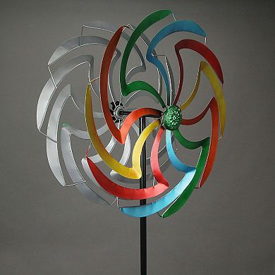Colorful Anodized Finish Dual Flower Metal Wind Spinner Garden Stake 70 Inches