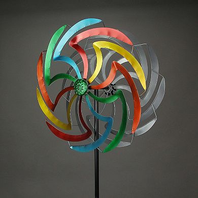 Colorful Anodized Finish Dual Flower Metal Wind Spinner Garden Stake 70 Inches