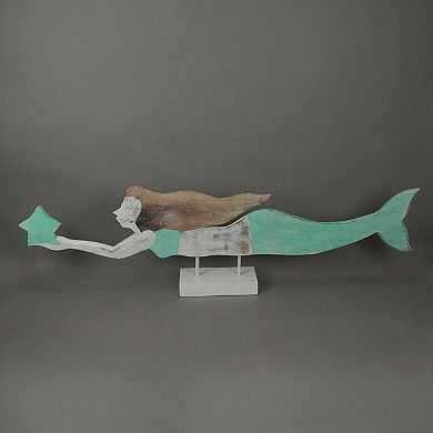 39 Inch Wood Carved Mermaid Sculpture Standee Decorative Statue Home Decor Art