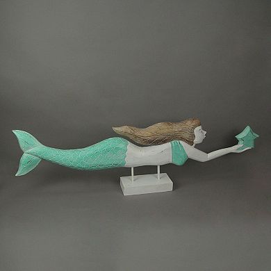 39 Inch Wood Carved Mermaid Sculpture Standee Decorative Statue Home Decor Art