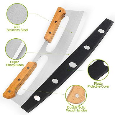 14" Stainless Steel Pizza Cutter Rocker with Wooden Handles & Protective Cover