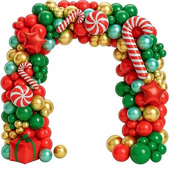 150 pc Christmas Balloon Arch Kit - Red, Green, Gold with Candy Cane & Star Balloon