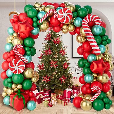 150Pcs Christmas Balloon Arch Kit - Red, Green, Gold with Candy Cane & Star Balloon