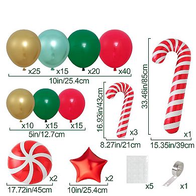 150Pcs Christmas Balloon Arch Kit - Red, Green, Gold with Candy Cane & Star Balloon