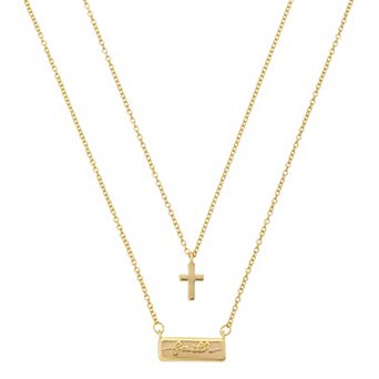 Gratitude & Grace 14k Gold Flash Plated Mother-of-Pearl Cross & Faith Bar Necklace Set