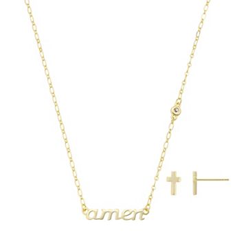 Gratitude & Grace 14k Gold Flash Plated Cubic Zirconia "Amen" Necklace & Cross Earrings Set