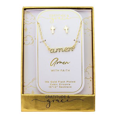 Gratitude & Grace 14k Gold Flash Plated Cubic Zirconia "Amen" Necklace & Cross Earrings Set