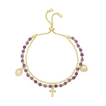 Grace & Gratitude 14k Gold Flash Plated Simulated Pearl Cross & Heart Layered Chain Bracelet