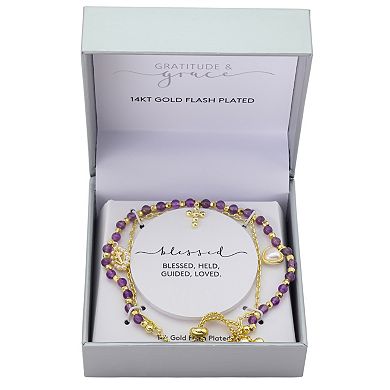 Grace & Gratitude 14k Gold Flash Plated Simulated Pearl Cross & Heart Layered Chain Bracelet