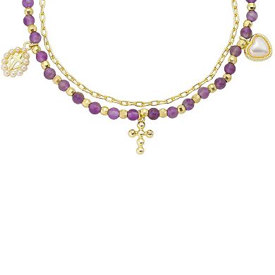 Grace & Gratitude 14k Gold Flash Plated Simulated Pearl Cross & Heart Layered Chain Bracelet